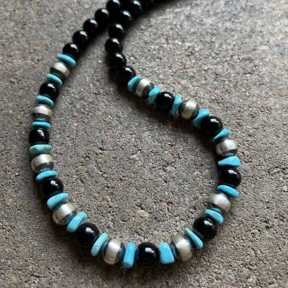 Sterling Silver Black Onyx Turquoise Bead Necklace. 18 Inch - Picture 3 of 12